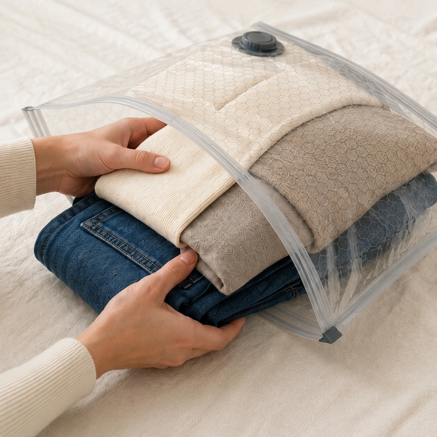 Folded clothing being placed inside a Zavelix vacuum storage bag