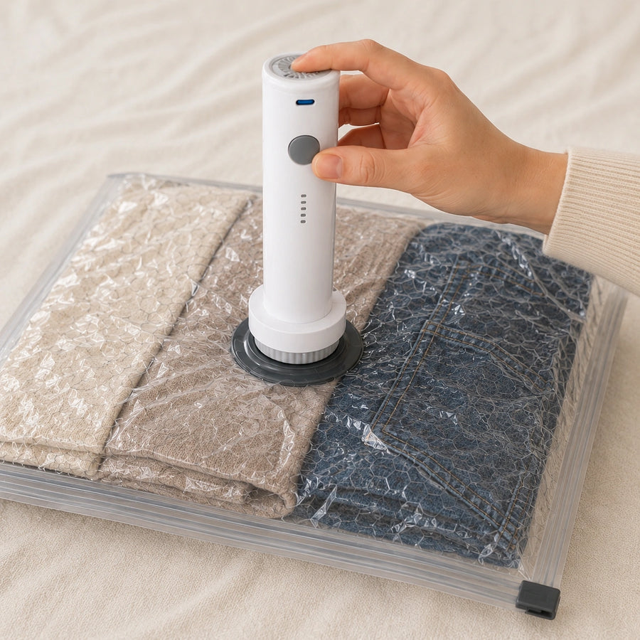 Cordless Zavelix pump compressing a vacuum storage bag