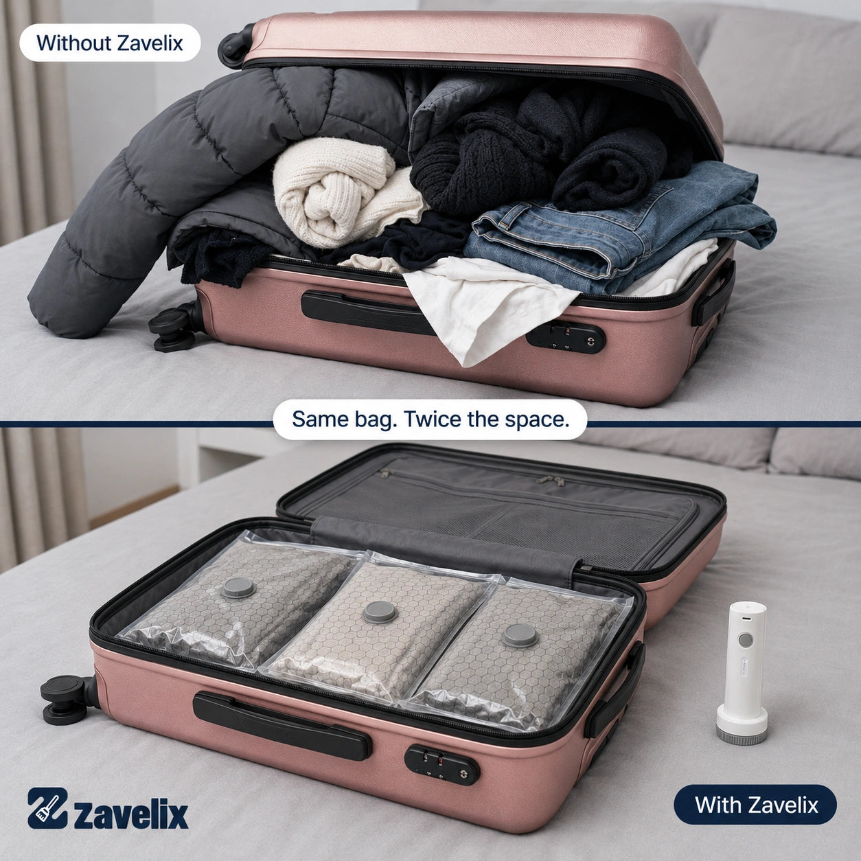 Suitcase before and after using Zavelix vacuum storage bags