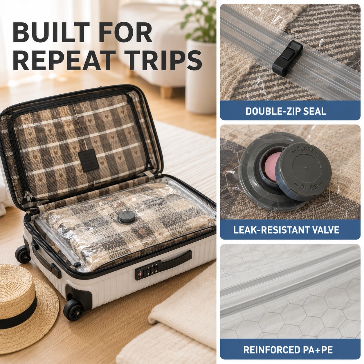 Zavelix vacuum bag construction details showing double-zip seal, one-way valve, reinforced material, and packed suitcase